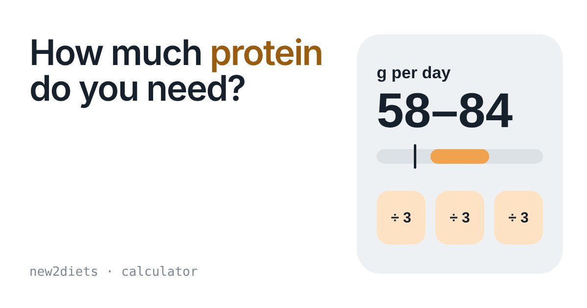 Protein calculator card showing a daily range in grams, a bar against 0.83 g per kg, and three meal tiles