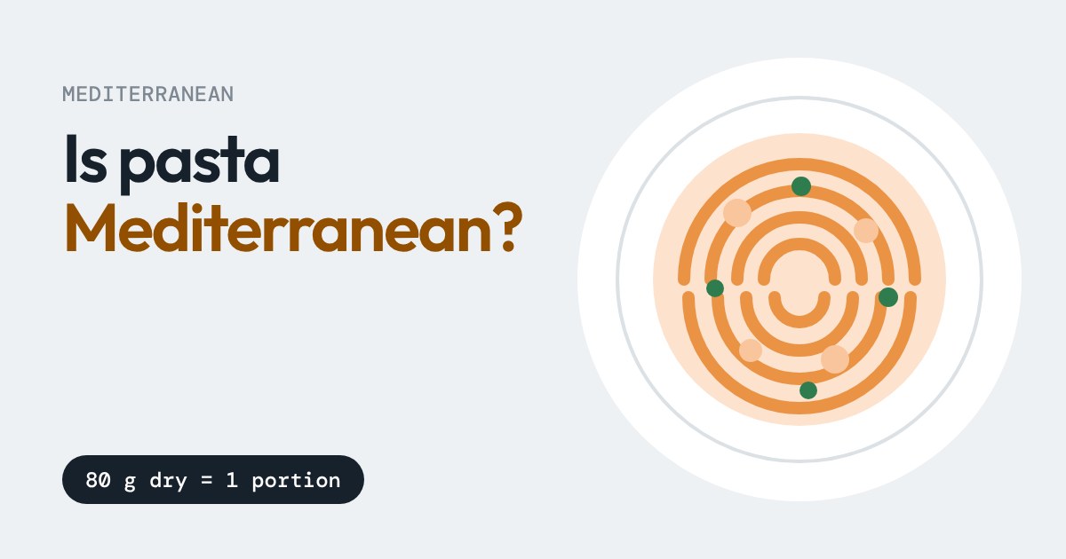 Bowl of pasta drawn as orange rings with vegetables, seen from above on a white plate