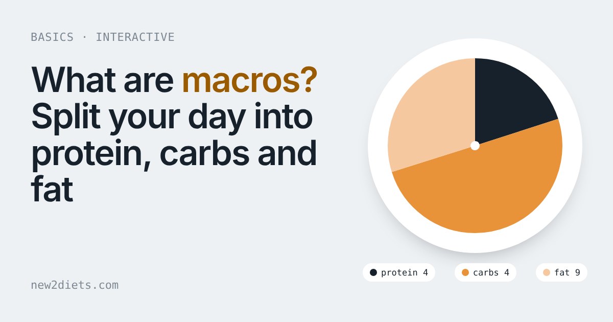 Pie chart of a plate split into protein, carbohydrate and fat shares with energy per gram